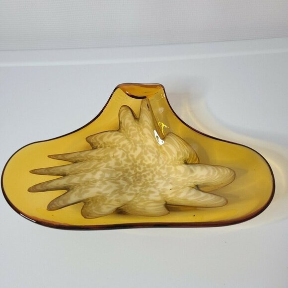 VINTAGE Gold White Swirl MidCentury Art Glass Dish - Picture 1 of 6